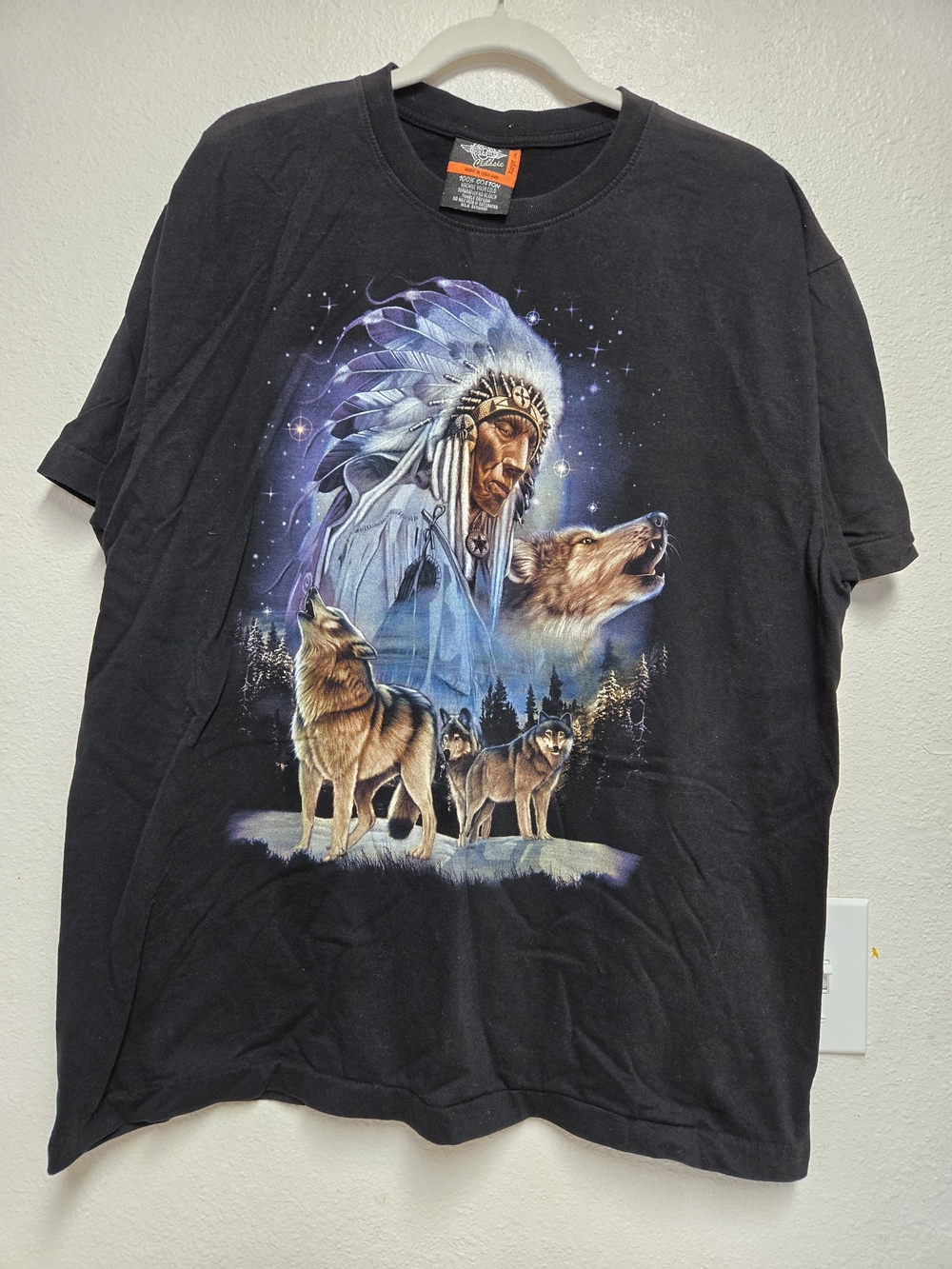 Rare Vintage SINGLE STITCH Native American Chief & Four Wolves XL black t-shirt